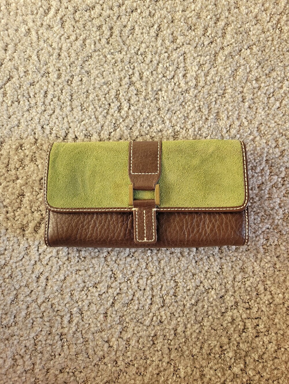 Vintage Eddie Bauer Brown Leather Green Suede Bifold Wallet Brass Accents